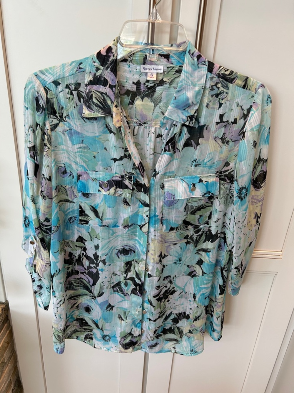 Rebecca Malone Floral Button-Up Blouse in Aqua, Black and Lavender